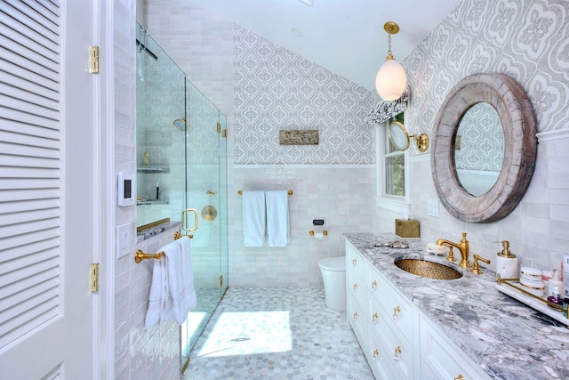 11 Tall Pines Dr, Weston, CT 06833 - bathroom featuring vanity, tile walls, a shower stall, toilet, and wallpapered walls