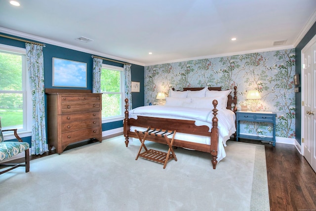 11 Tall Pines Dr, Weston, CT 06833 - bedroom featuring ornamental molding, wallpapered walls, baseboards, and wood finished floors