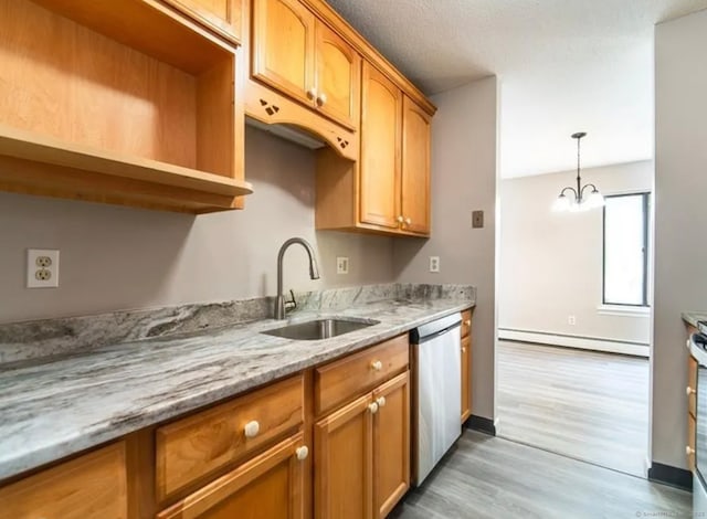 kitchen featuring a sink, wood finished floors, a baseboard radiator, stainless steel dishwasher, and light stone countertops