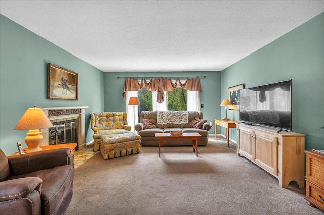living area featuring carpet floors, a textured ceiling, a fireplace, and baseboards