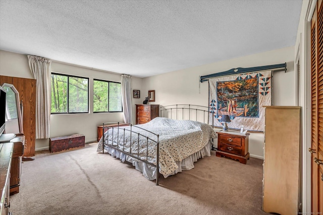 carpeted bedroom with a textured ceiling