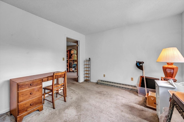 home office featuring a baseboard radiator and carpet