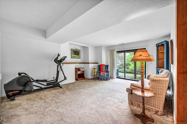 exercise area with carpet flooring and a textured ceiling