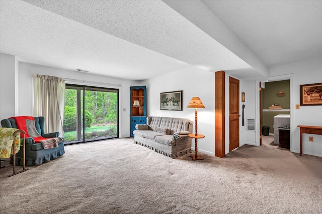 living area featuring carpet floors and a textured ceiling