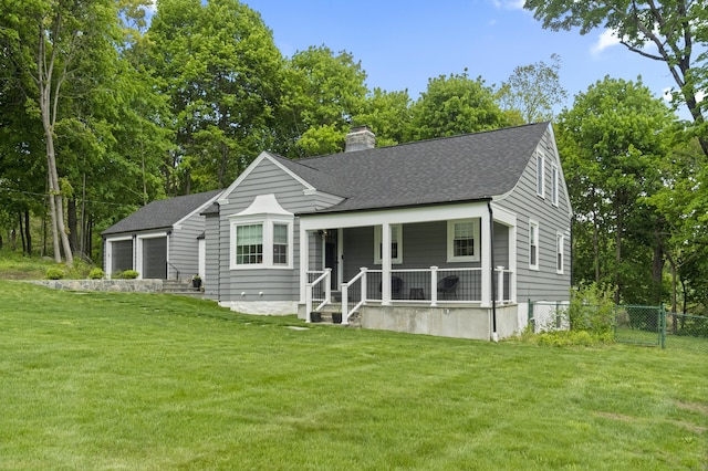 227 Sugar St, Newtown, CT 06470 - view of front of home featuring a porch, a chimney, a shingled roof, an attached garage, and view of scattered trees