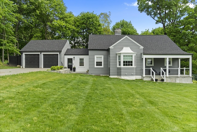 227 Sugar St, Newtown, CT 06470 - view of front of house with driveway, covered porch, a shingled roof, a chimney, and a front yard