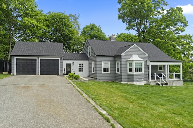227 Sugar St, Newtown, CT 06470 - view of front facade featuring a garage, a shingled roof, a chimney, driveway, and a front lawn