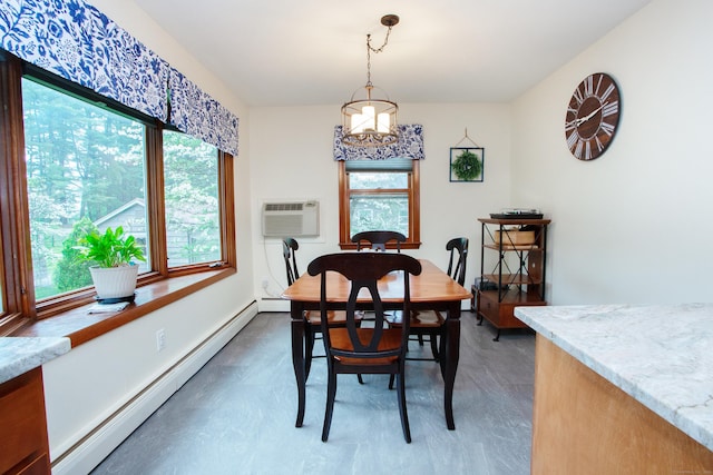 dining room featuring a wall mounted air conditioner and baseboard heating