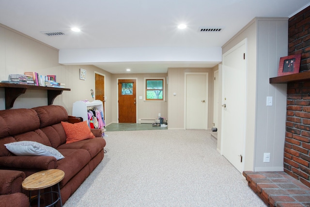 living room featuring recessed lighting, a baseboard radiator, visible vents, and carpet