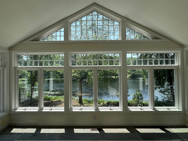 157 Pine Lake Rd, Westbrook, CT 06498 - unfurnished sunroom featuring a water view and lofted ceiling