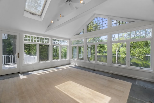 157 Pine Lake Rd, Westbrook, CT 06498 - unfurnished sunroom featuring a skylight and high vaulted ceiling
