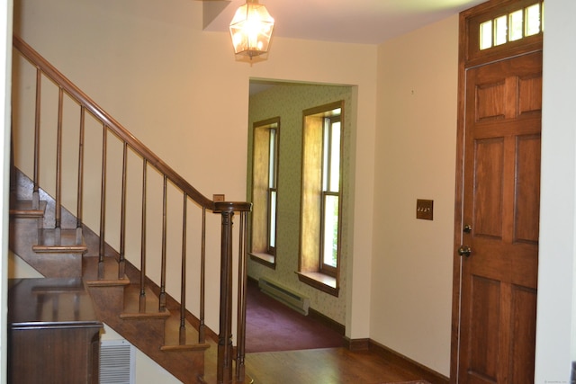 133 Music Vale Rd, Salem, CT 06420 - foyer entrance with a baseboard radiator, stairway, dark wood-style floors, and baseboards