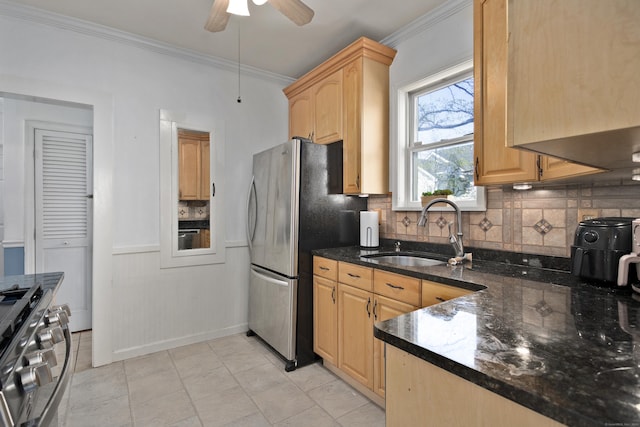 6 Thompson St, Fairfield, CT 06825 - kitchen featuring a sink, stainless steel appliances, ornamental molding, light brown cabinets, and backsplash