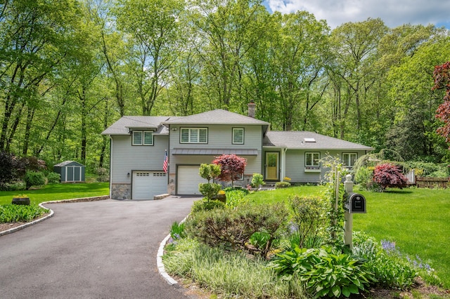 6 Shadow Ln, Norwalk, CT 06851 - split level home with driveway, an attached garage, a shed, a chimney, and a front lawn