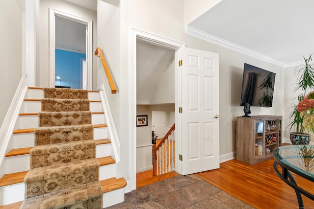 6 Shadow Ln, Norwalk, CT 06851 - stairs with crown molding, baseboards, and stone finish floors