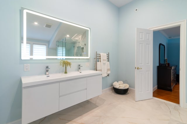 6 Shadow Ln, Norwalk, CT 06851 - bathroom with a shower stall, double vanity, and baseboards