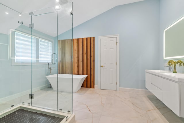6 Shadow Ln, Norwalk, CT 06851 - full bathroom featuring marble finish flooring, a shower stall, vanity, a freestanding bath, and high vaulted ceiling
