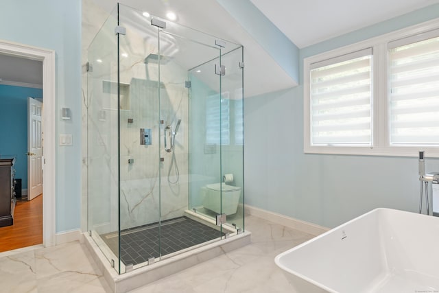 6 Shadow Ln, Norwalk, CT 06851 - full bathroom featuring marble look tile flooring, baseboards, a marble finish shower, and a freestanding bath