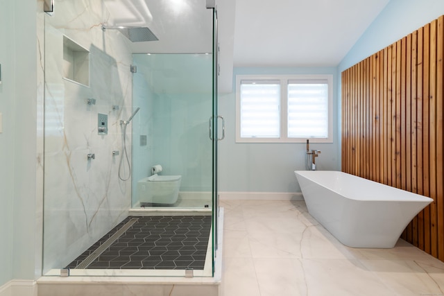 6 Shadow Ln, Norwalk, CT 06851 - bathroom featuring a marble finish shower, vaulted ceiling, a soaking tub, toilet, and marble finish flooring