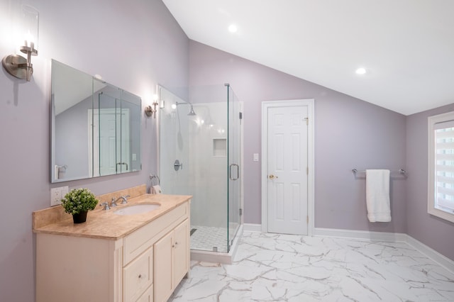 6 Shadow Ln, Norwalk, CT 06851 - full bathroom featuring vaulted ceiling, marble finish floors, a stall shower, vanity, and baseboards