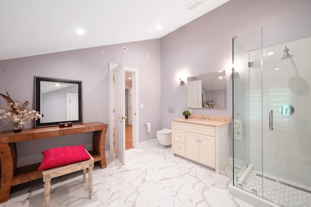 6 Shadow Ln, Norwalk, CT 06851 - bathroom featuring vaulted ceiling, a shower stall, vanity, marble look tiles, and baseboards