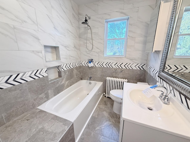 815 Alling Rd, Orange, CT 06477 - bathroom featuring radiator, tile walls, plenty of natural light, toilet, and shower / tub combination