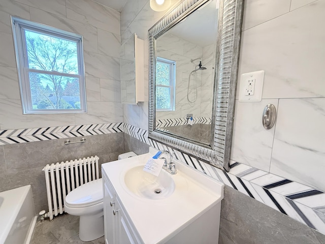 815 Alling Rd, Orange, CT 06477 - full bath with radiator heating unit, tile walls, toilet, vanity, and a shower