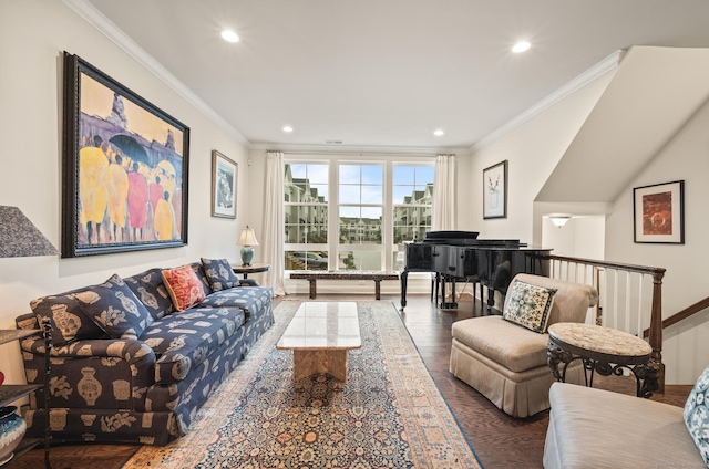 living room featuring wood finished floors, recessed lighting, and ornamental molding