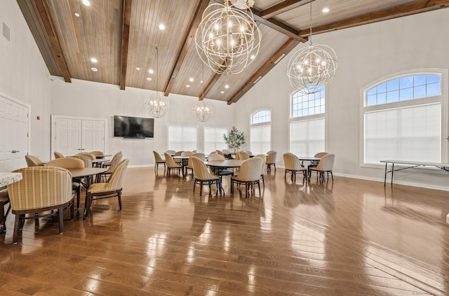 dining room with a chandelier, high vaulted ceiling, beam ceiling, dark wood-style flooring, and plenty of natural light