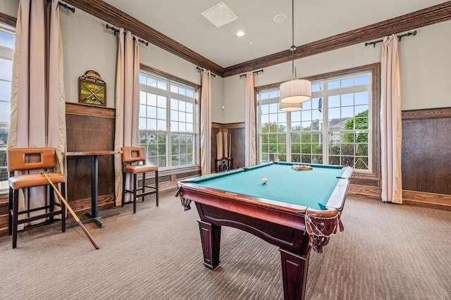 recreation room with carpet floors, ornamental molding, pool table, wainscoting, and recessed lighting