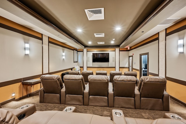 home theater with baseboards, recessed lighting, carpet flooring, and a tray ceiling