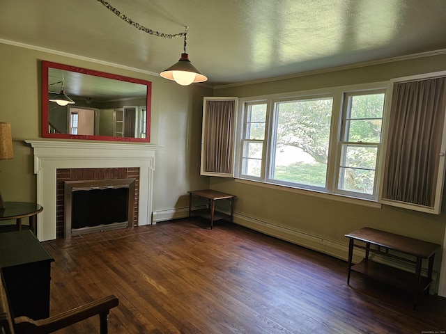 39 Charter Rd, Ellington, CT 06029 - unfurnished living room featuring a brick fireplace, wood finished floors, ornamental molding, and a baseboard heating unit