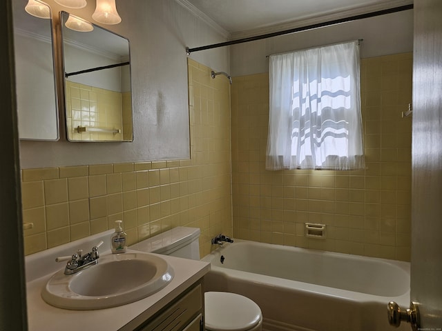 39 Charter Rd, Ellington, CT 06029 - bathroom featuring tile walls, washtub / shower combination, vanity, and crown molding