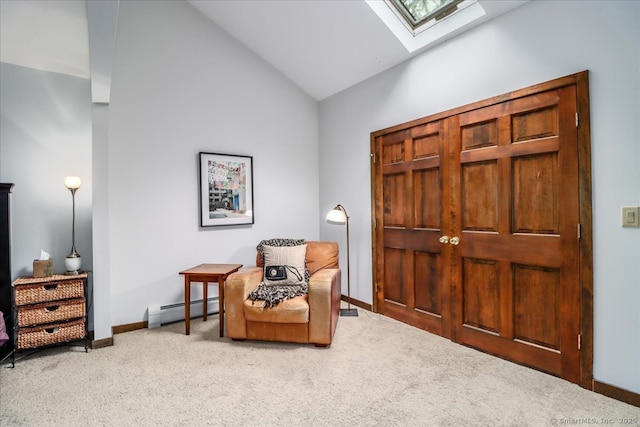 6 Kristy Dr, Bethel, CT 06801 - living area featuring baseboard heating, a skylight, carpet, and high vaulted ceiling