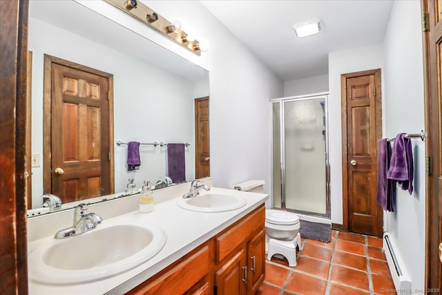 6 Kristy Dr, Bethel, CT 06801 - bathroom featuring baseboard heating, a shower stall, double vanity, and tile patterned flooring
