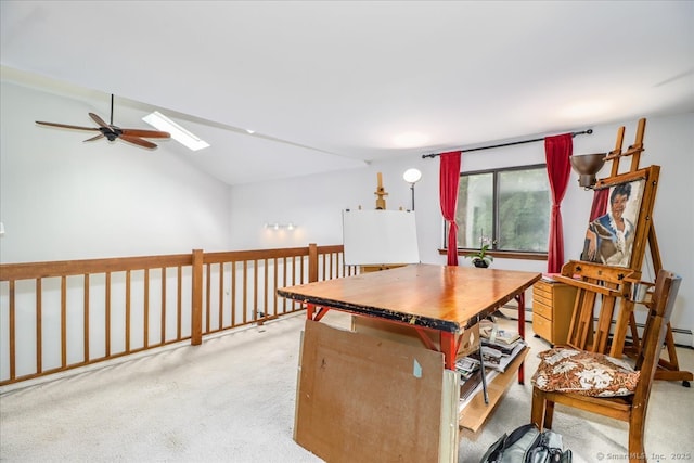 6 Kristy Dr, Bethel, CT 06801 - dining room with a ceiling fan, light carpet, baseboard heating, lofted ceiling, and a skylight