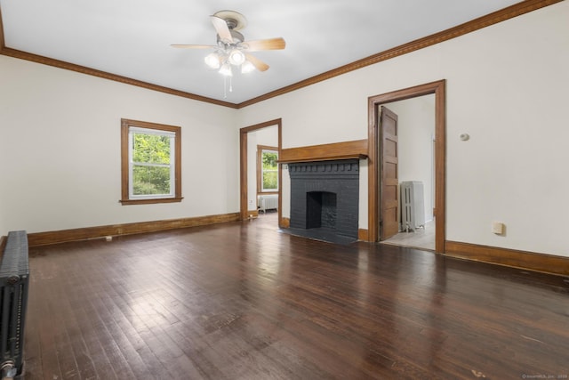 516 Savin Ave, West Haven, CT 06516 - unfurnished living room with radiator, ceiling fan, wood finished floors, a fireplace, and ornamental molding
