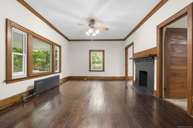 516 Savin Ave, West Haven, CT 06516 - unfurnished living room with radiator heating unit, a ceiling fan, hardwood / wood-style flooring, a brick fireplace, and ornamental molding