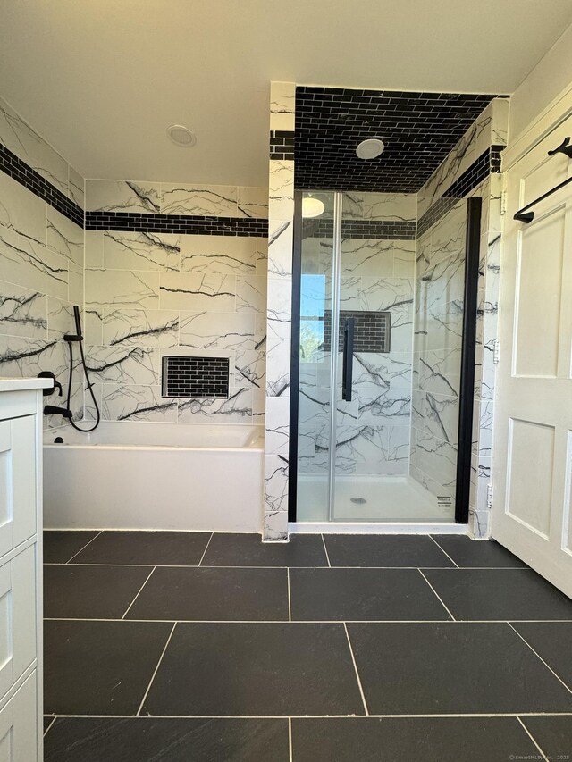135 Lambert Ave, Meriden, CT 06451 - full bath featuring a marble finish shower, a tub, tile patterned flooring, and vanity