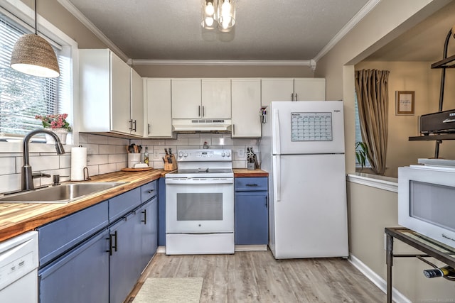 529 Woodward Ave Apt D, New Haven, CT 06512 - kitchen with white appliances, wooden counters, a sink, under cabinet range hood, and blue cabinets