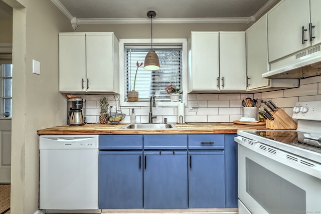 529 Woodward Ave Apt D, New Haven, CT 06512 - kitchen featuring white appliances, under cabinet range hood, wood counters, blue cabinets, and ornamental molding