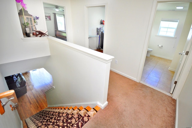 hall featuring an upstairs landing, carpet floors, and baseboards