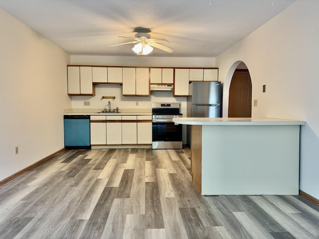 kitchen featuring under cabinet range hood, light wood-type flooring, stainless steel appliances, and a ceiling fan