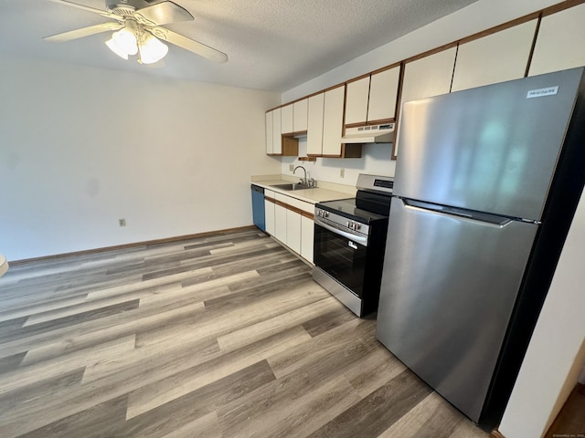 kitchen featuring light wood-style flooring, a sink, stainless steel appliances, under cabinet range hood, and light countertops