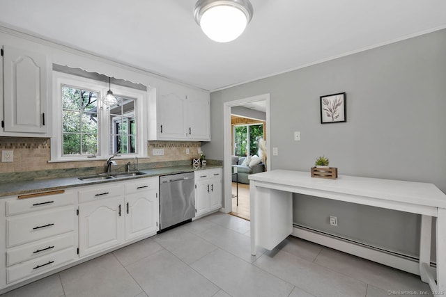 kitchen featuring a sink, white cabinetry, stainless steel dishwasher, a baseboard heating unit, and backsplash