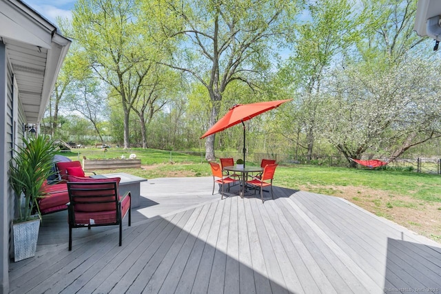 deck featuring a fenced backyard, outdoor dining area, and a lawn