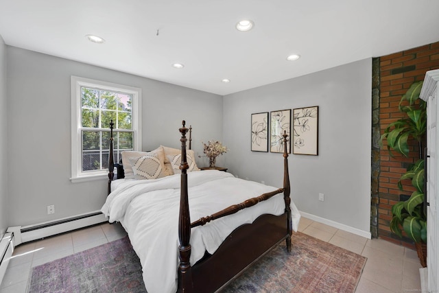 bedroom with recessed lighting, light tile patterned floors, and a baseboard heating unit