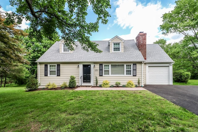 17 Alan Ave, Danbury, CT 06811 - new england style home with an attached garage, asphalt driveway, a shingled roof, a front lawn, and a chimney