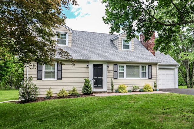 17 Alan Ave, Danbury, CT 06811 - cape cod-style house with a garage, a shingled roof, a chimney, driveway, and a front yard