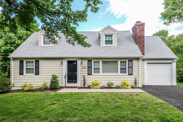 17 Alan Ave, Danbury, CT 06811 - cape cod-style house featuring a garage, asphalt driveway, a shingled roof, a chimney, and a front lawn